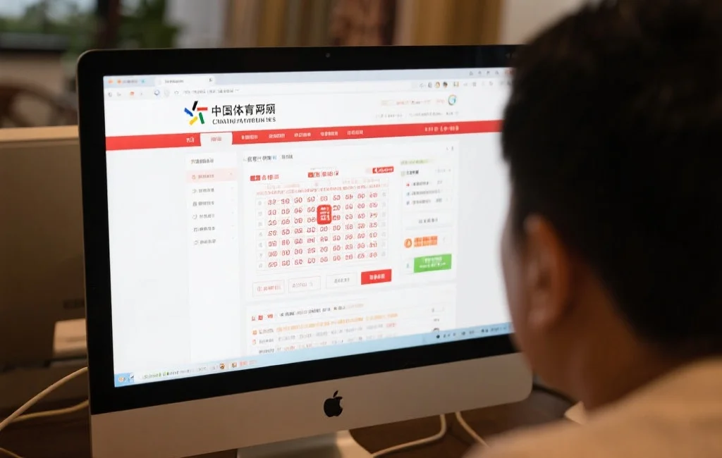 一台电脑显示中国体育彩票官方网站页面,用户正在浏览开奖信息